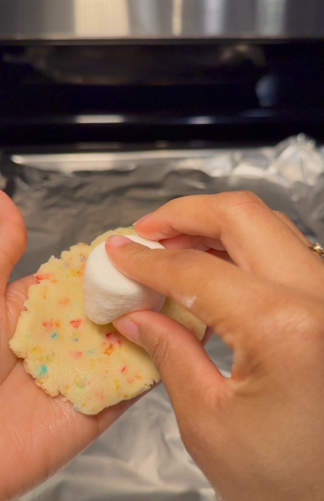 Fruity Pebble Marshmallow Cookies assemble